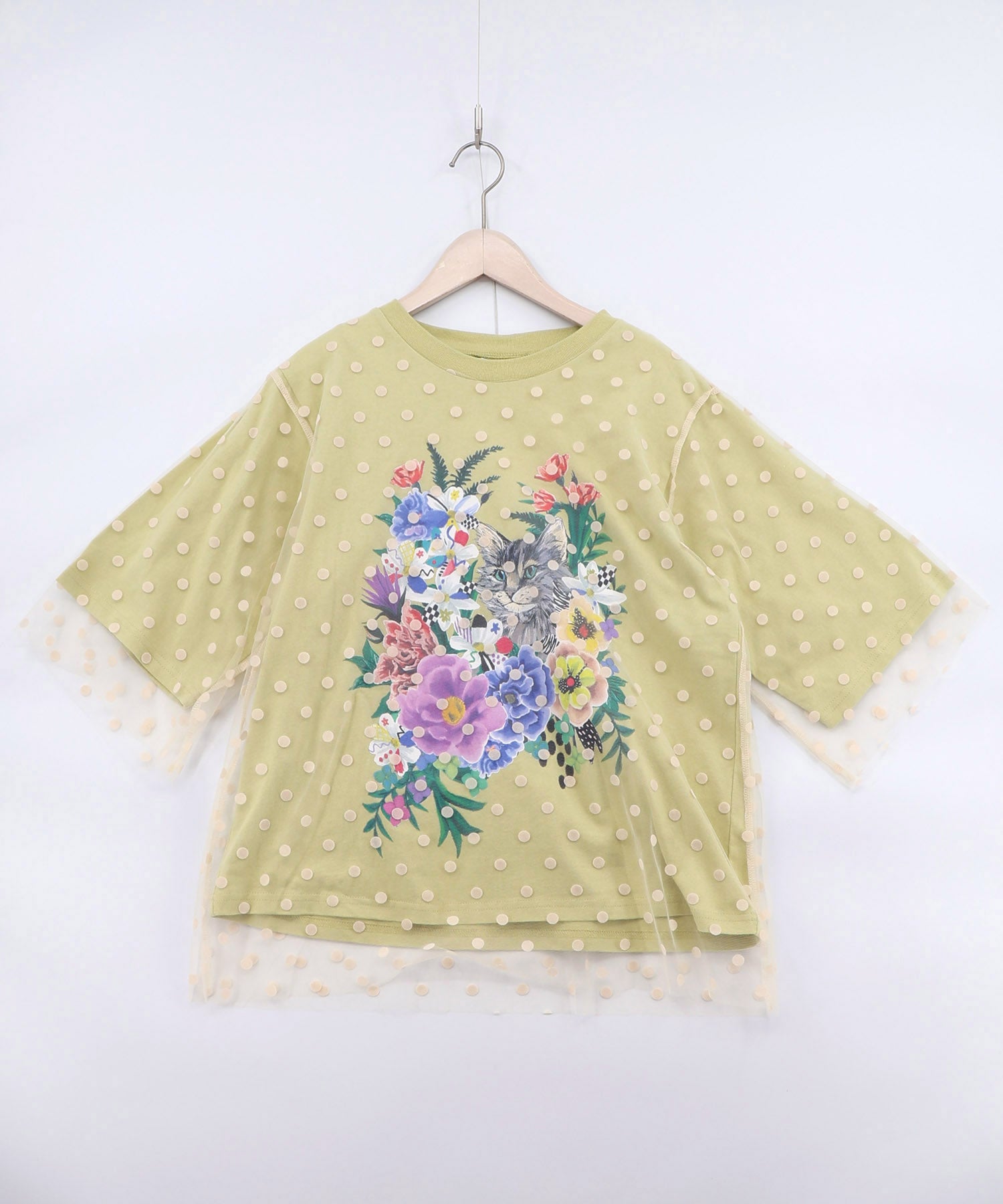 161644：ドットチュール重ね花ネコ柄Tシャツの通販-ScoLar