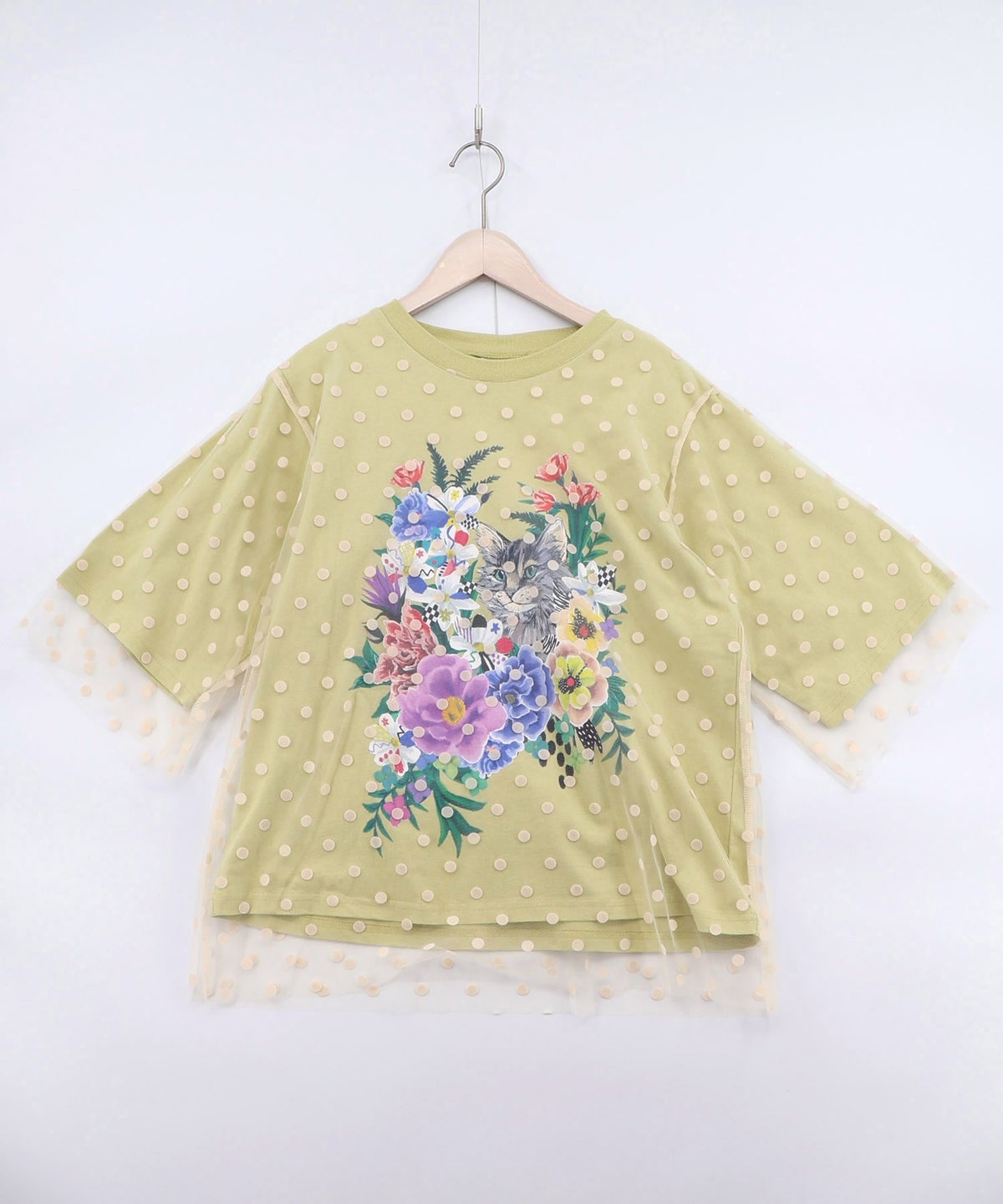 ドットチュール重ね花ネコ柄Tシャツ-14