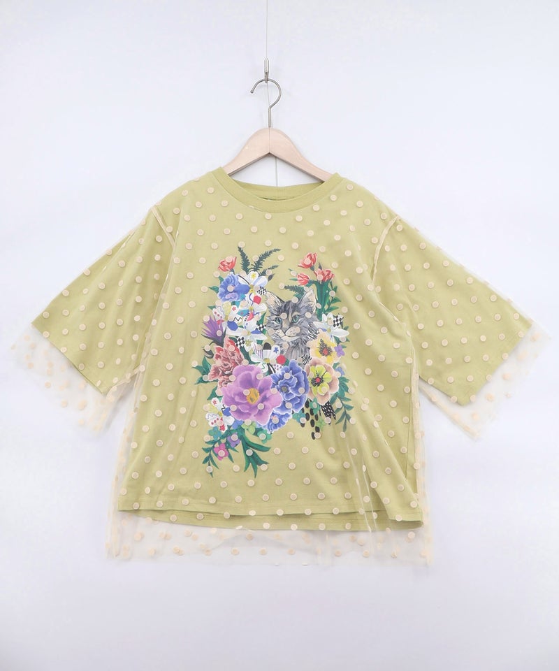ドットチュール重ね花ネコ柄Tシャツ-14