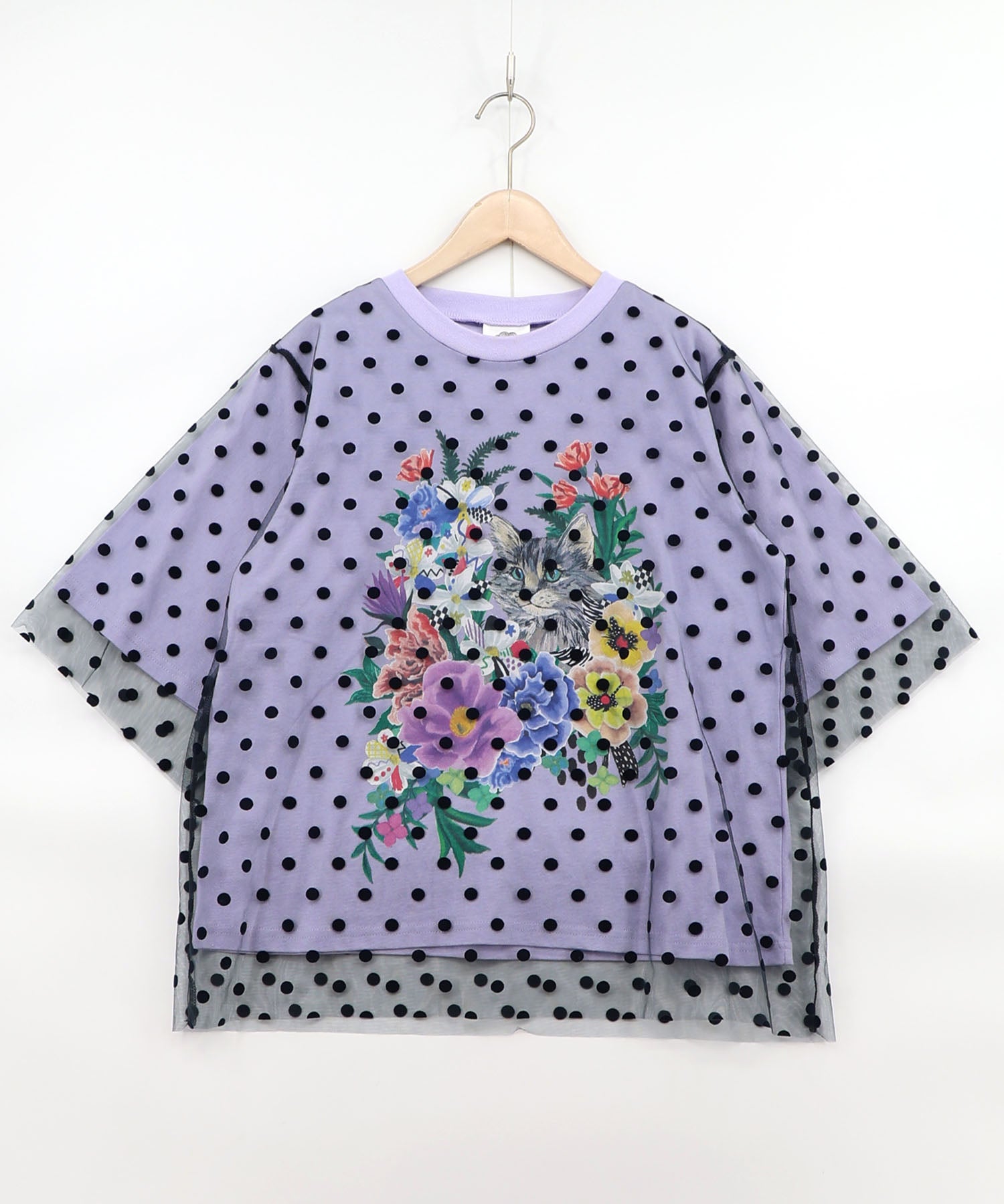161644：ドットチュール重ね花ネコ柄Tシャツの通販-ScoLar
