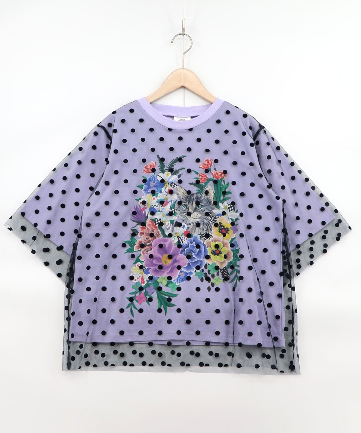 ドットチュール重ね花ネコ柄Tシャツ-16