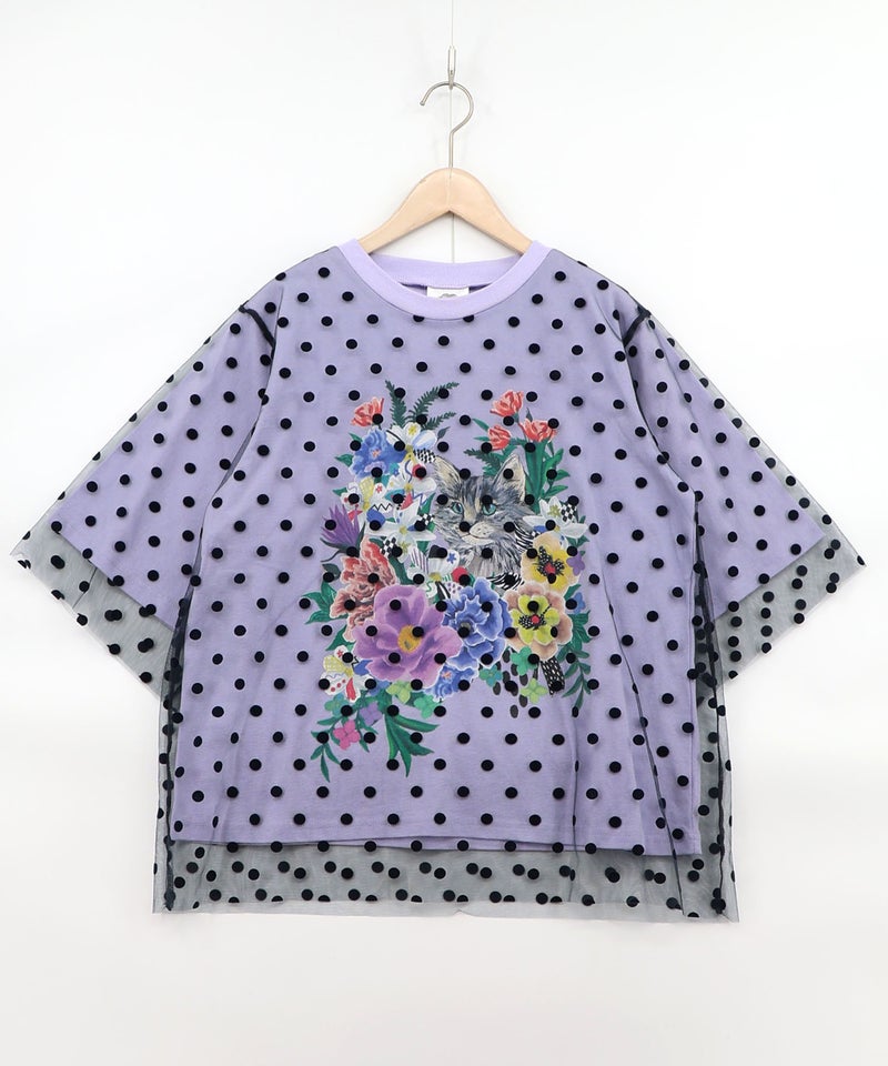 ドットチュール重ね花ネコ柄Tシャツ-16