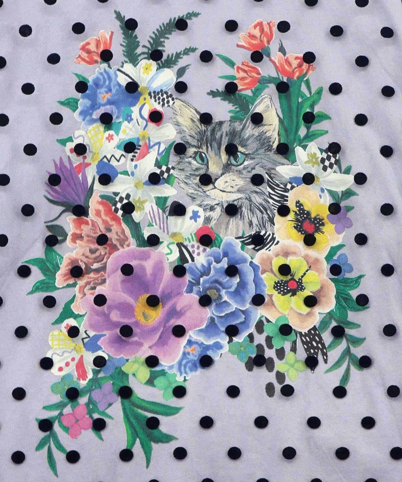ドットチュール重ね花ネコ柄Tシャツ-17