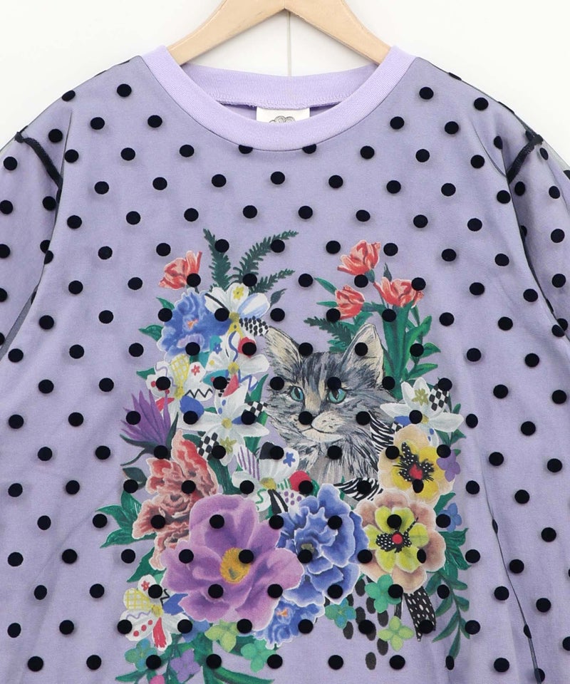 ドットチュール重ね花ネコ柄Tシャツ-18