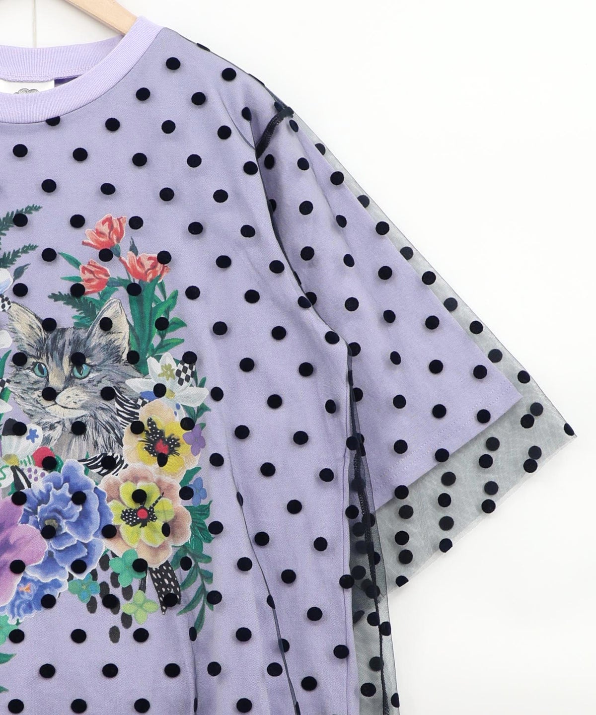 ドットチュール重ね花ネコ柄Tシャツ-19