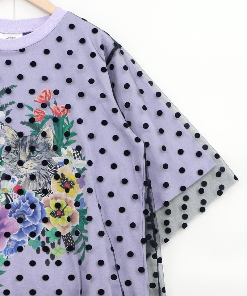 ドットチュール重ね花ネコ柄Tシャツ-19