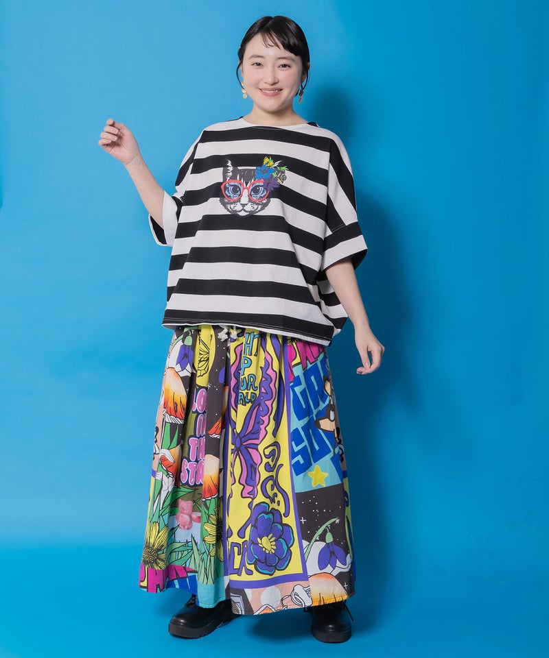 蝶々とキノコのコラージュ柄スカート-3