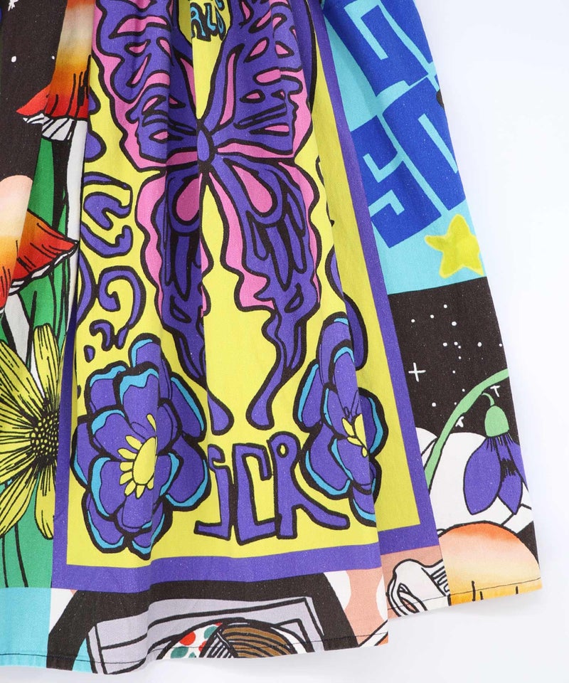 蝶々とキノコのコラージュ柄スカート-23