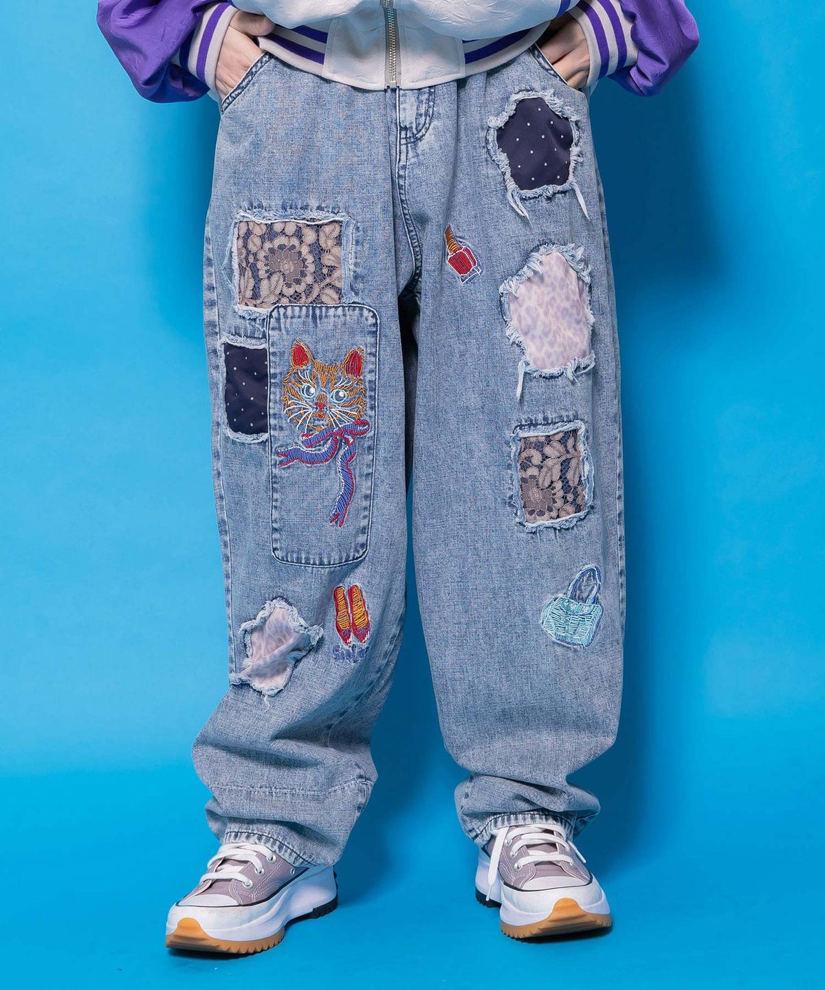 ケミカル加工刺繍アップリケデニム-1