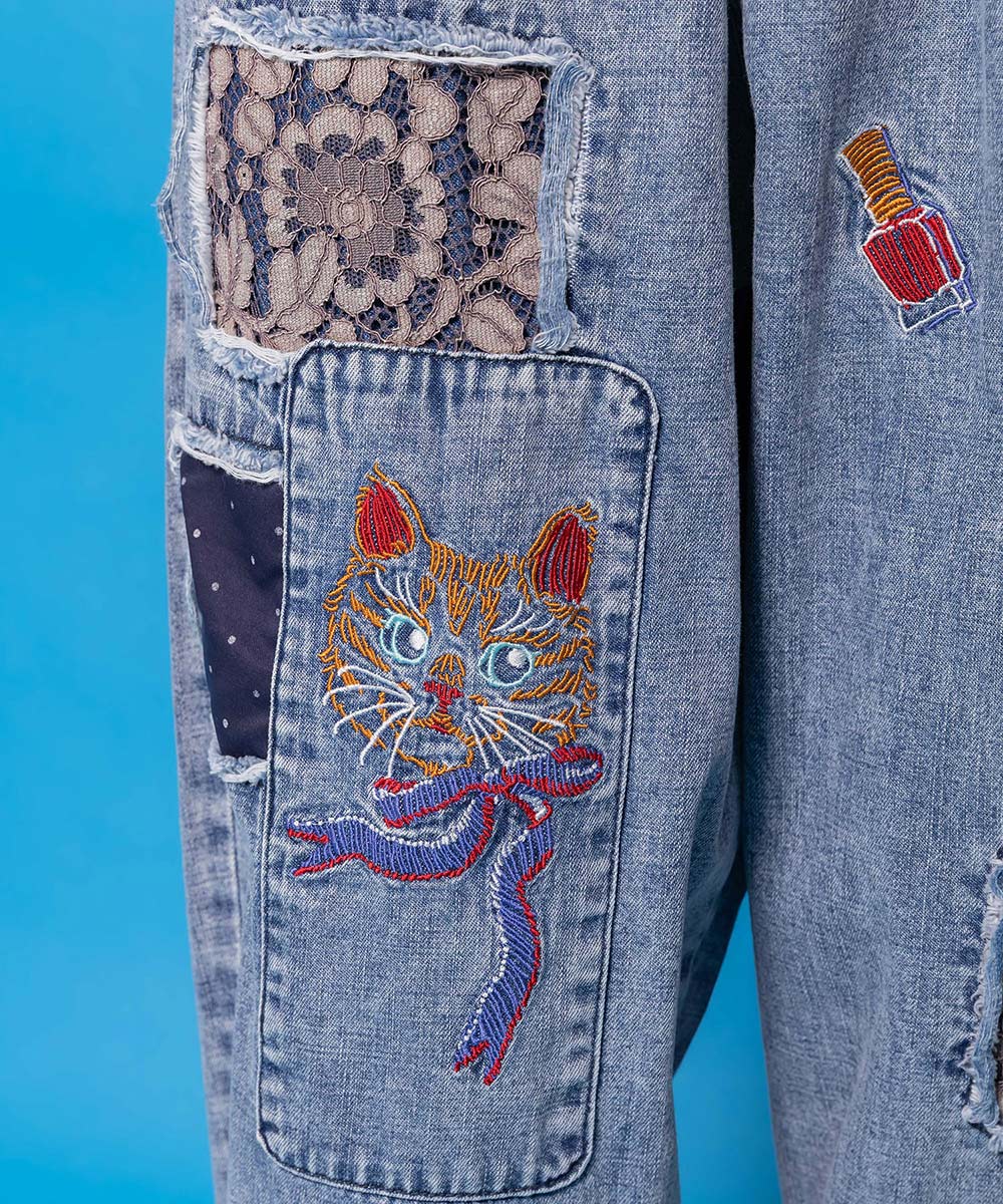 ケミカル加工刺繍アップリケデニム-5
