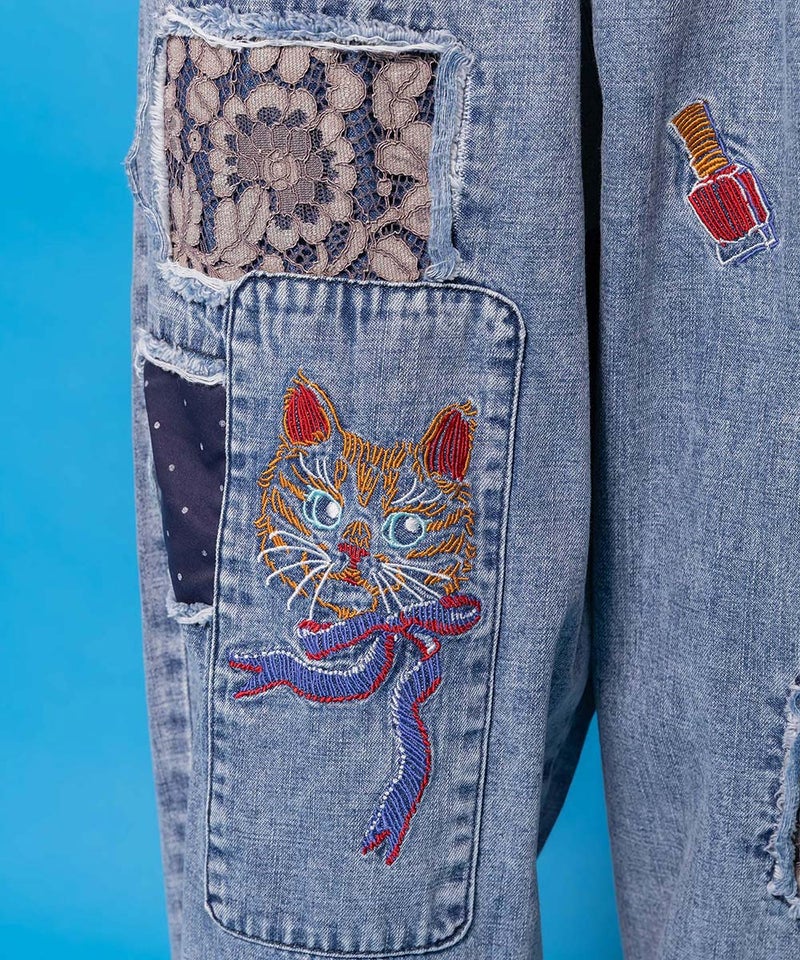 ケミカル加工刺繍アップリケデニム-5