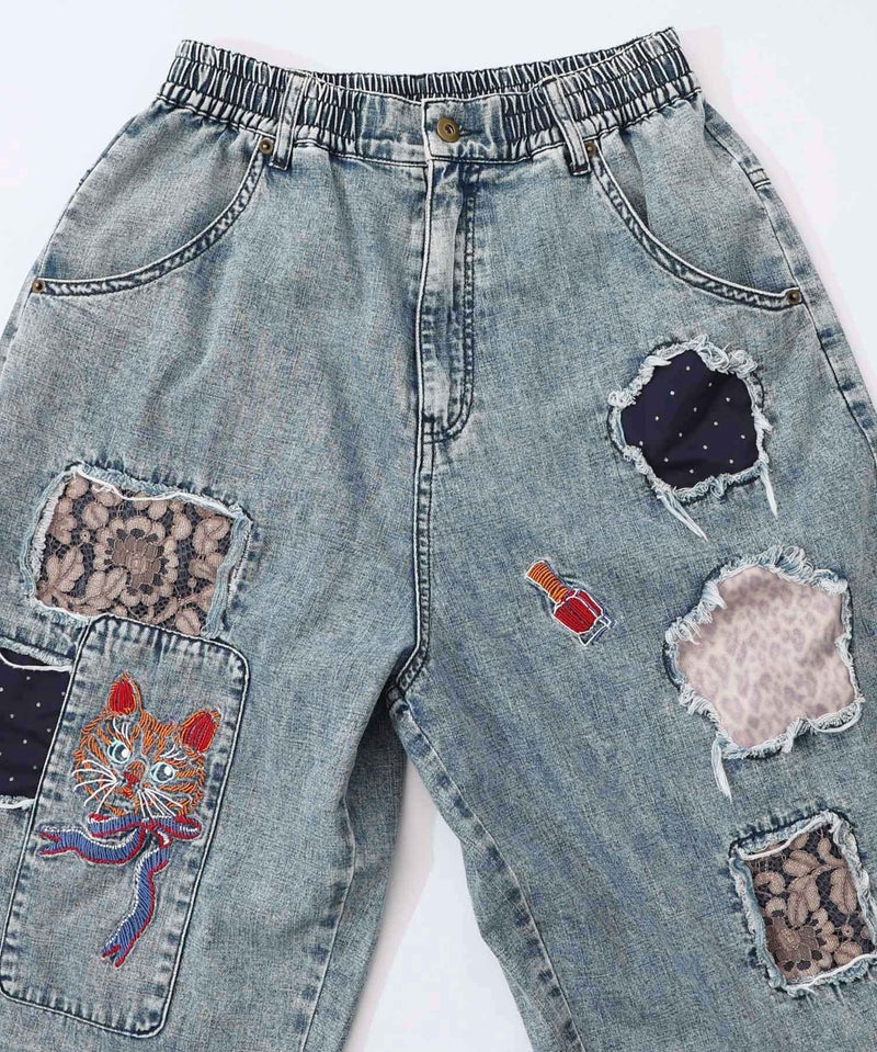 ケミカル加工刺繍アップリケデニム-11