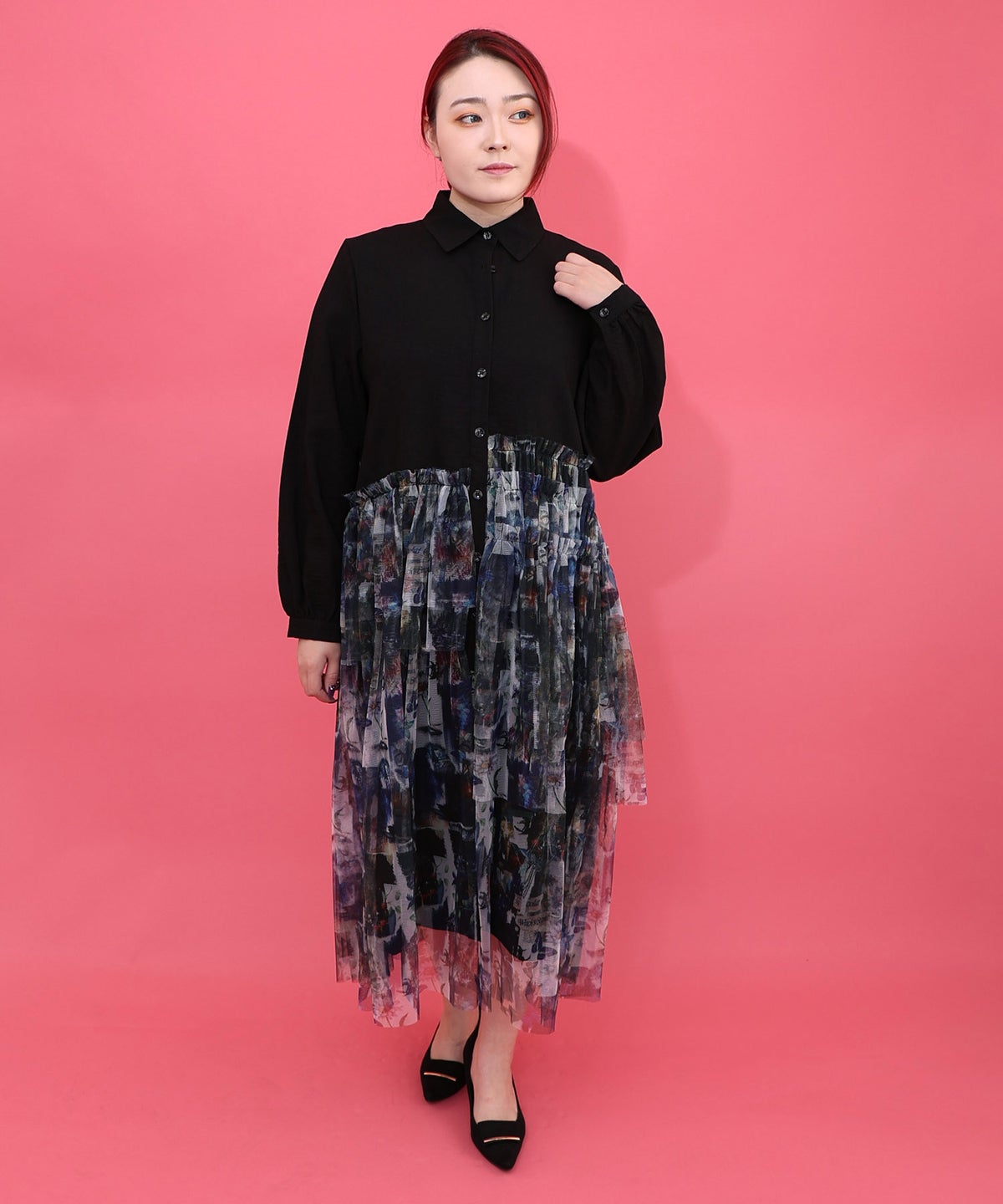 魔女の秘密柄チュール重ね異素材切替シャツワンピース-1