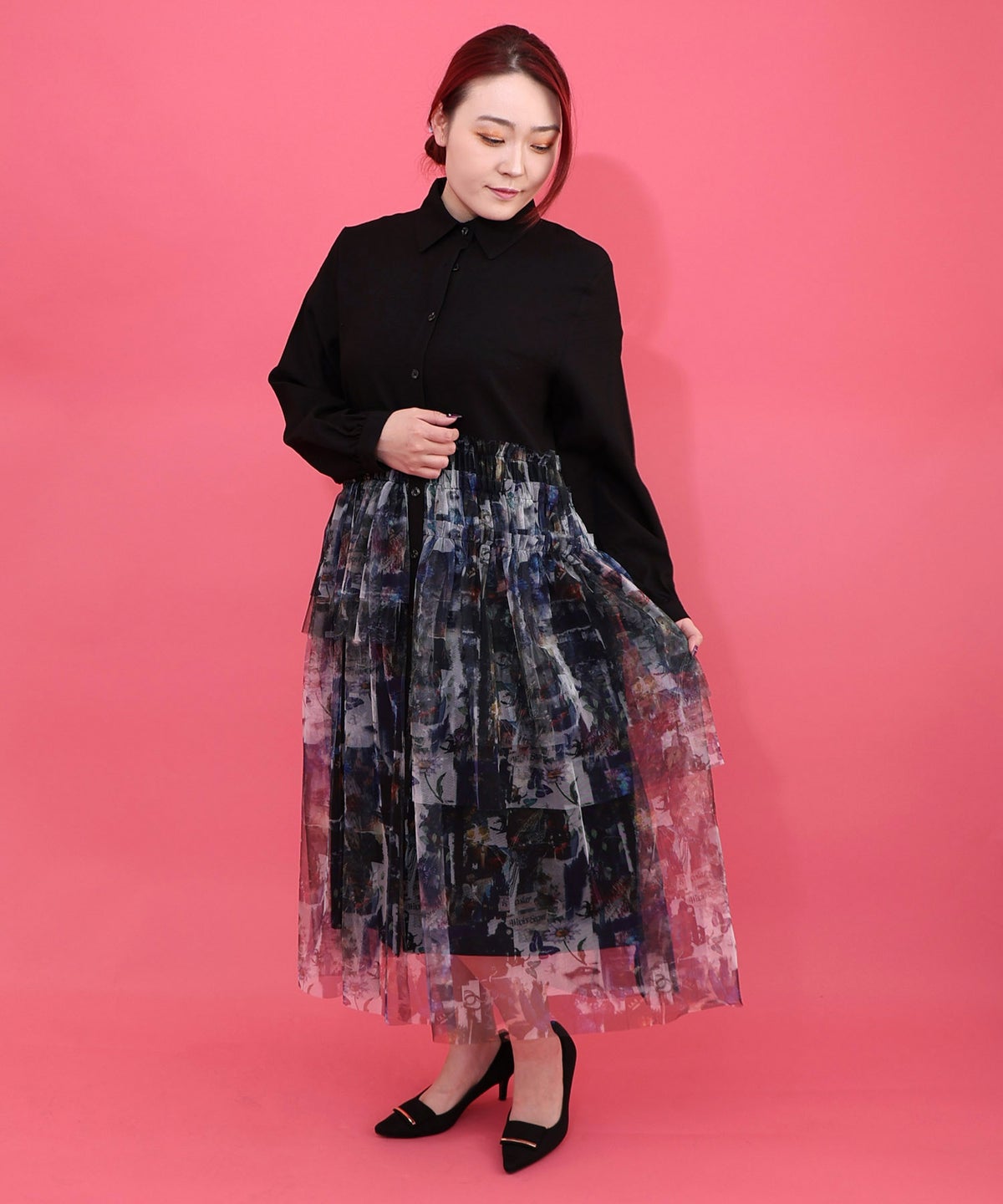 魔女の秘密柄チュール重ね異素材切替シャツワンピース-2