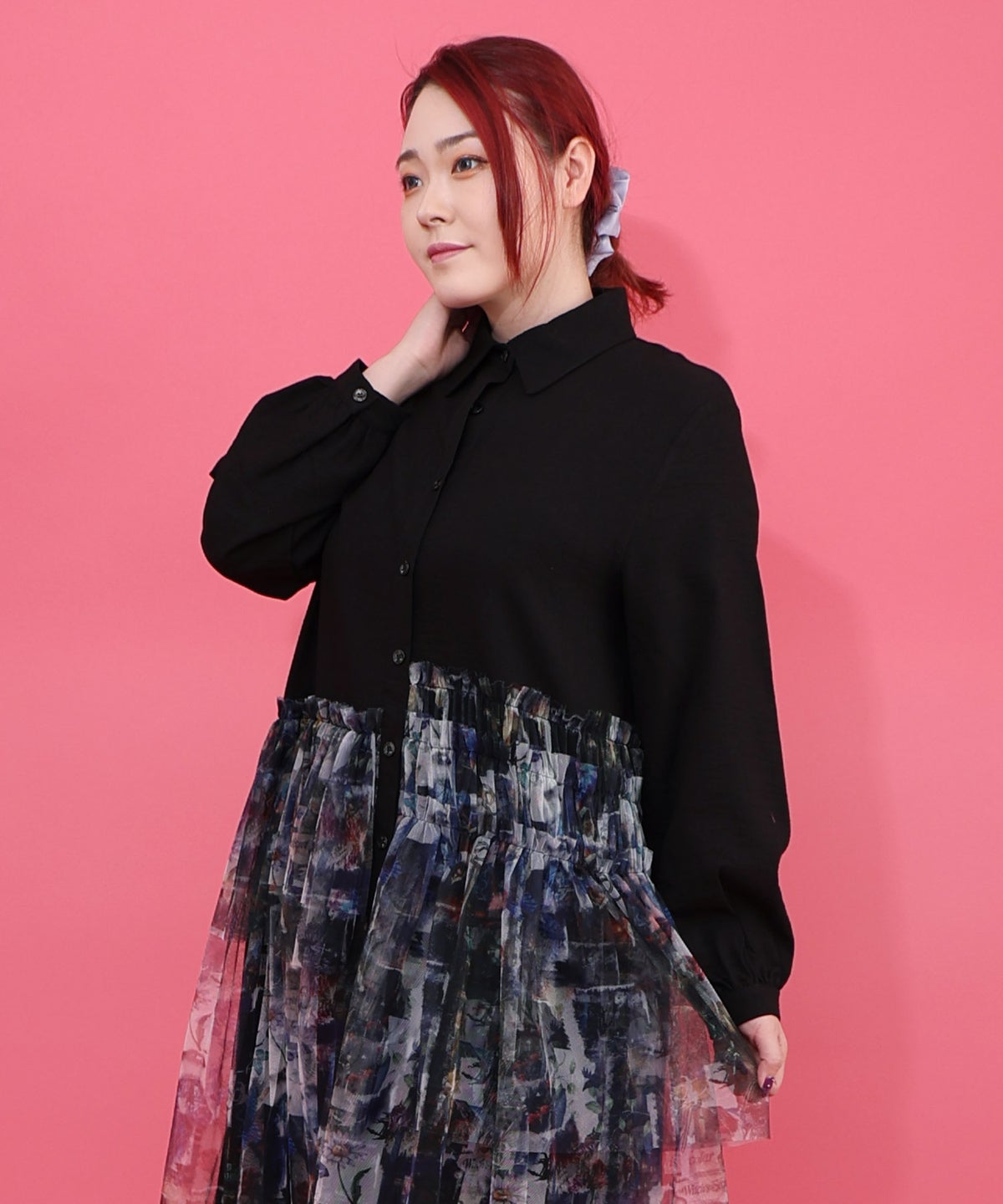 魔女の秘密柄チュール重ね異素材切替シャツワンピース-3