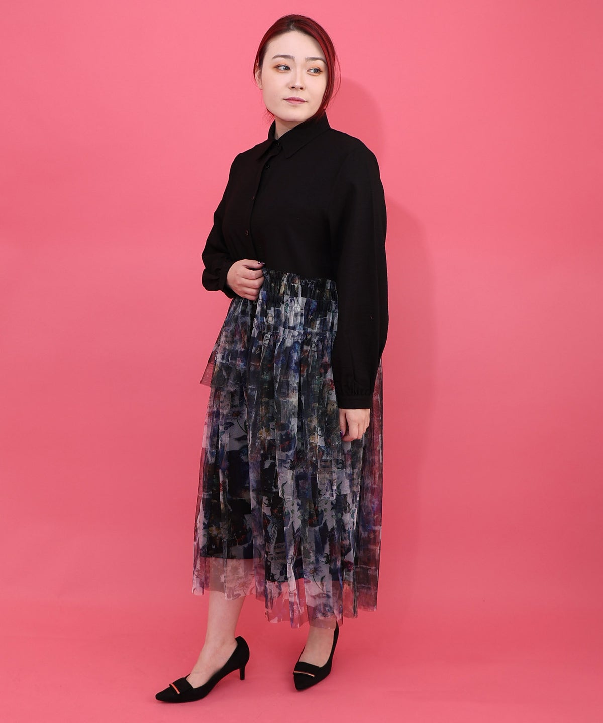 魔女の秘密柄チュール重ね異素材切替シャツワンピース-4