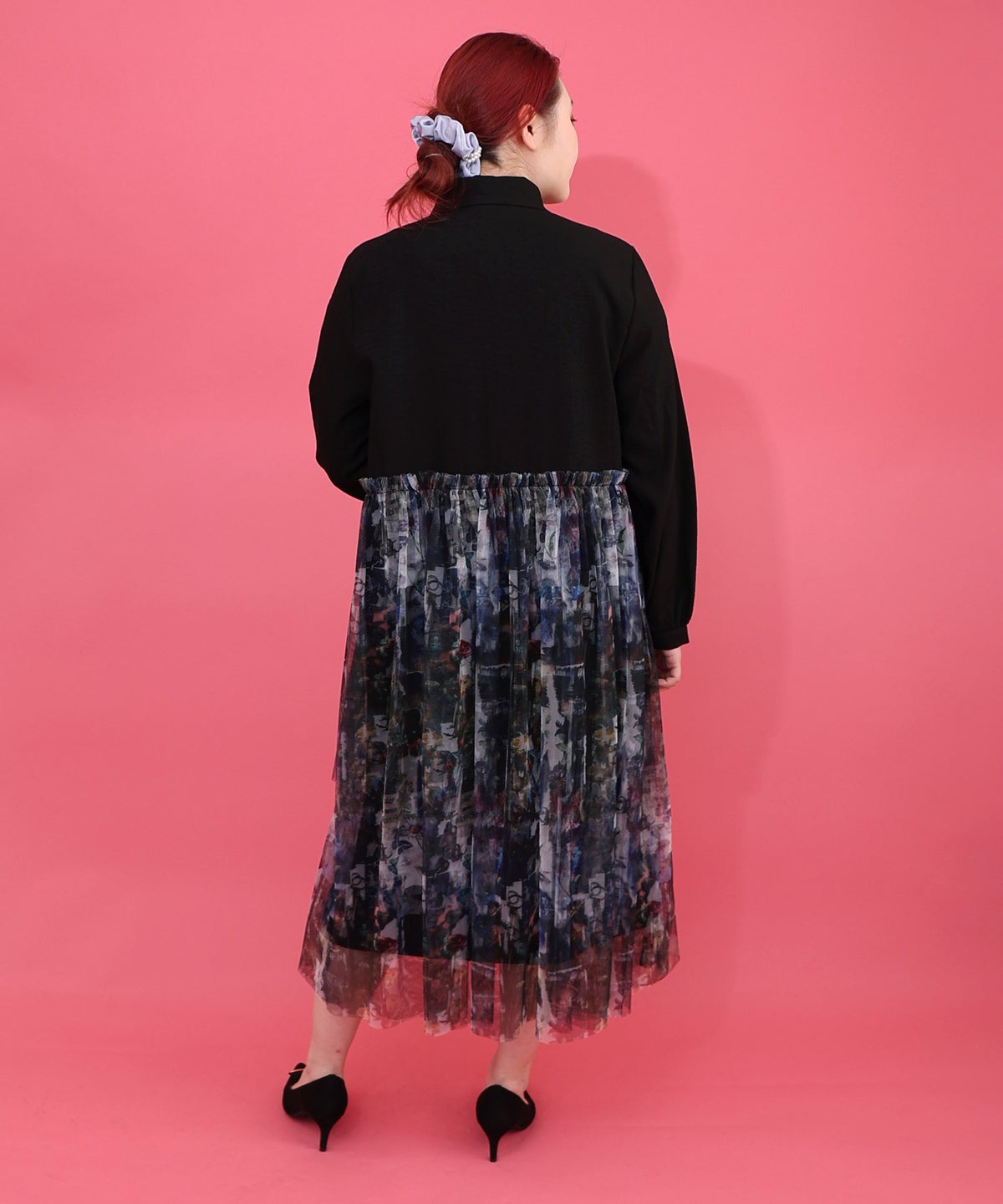 魔女の秘密柄チュール重ね異素材切替シャツワンピース-5