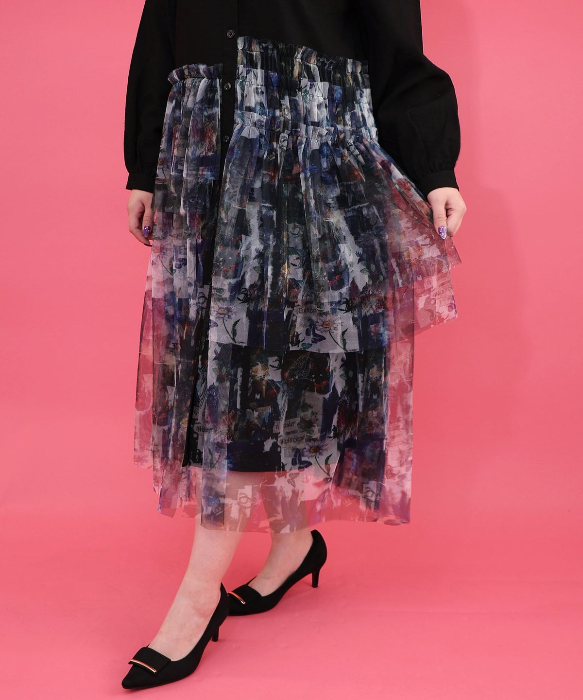 魔女の秘密柄チュール重ね異素材切替シャツワンピース-6