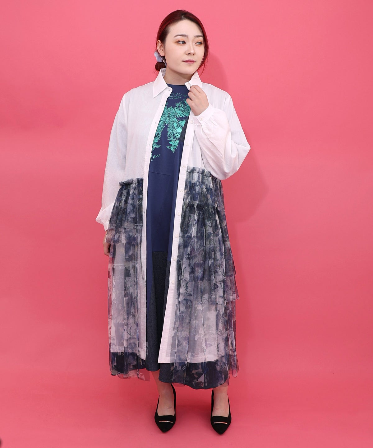 魔女の秘密柄チュール重ね異素材切替シャツワンピース-8