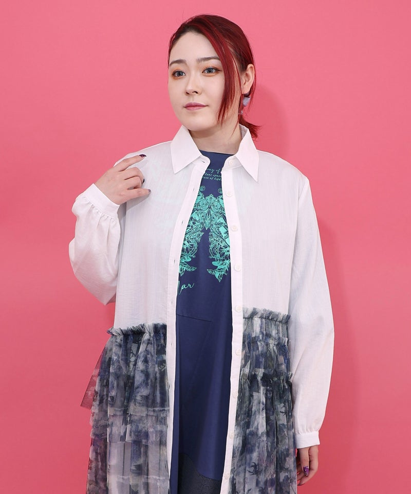 魔女の秘密柄チュール重ね異素材切替シャツワンピース-9