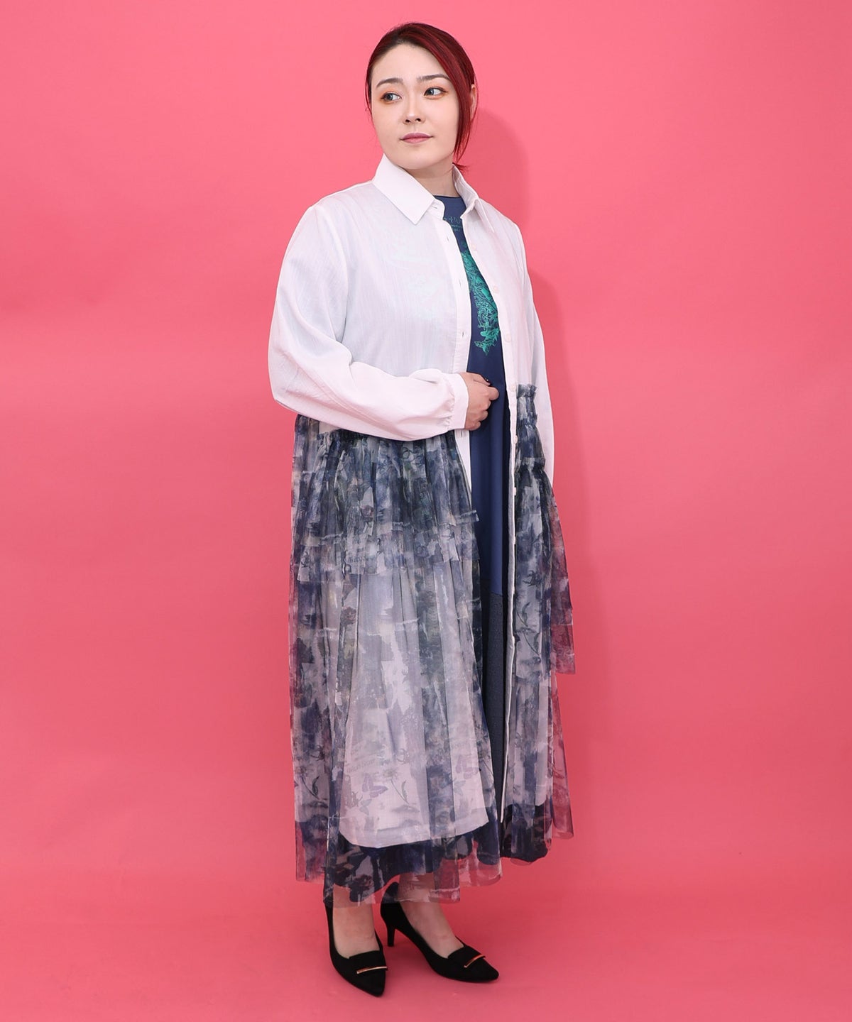 魔女の秘密柄チュール重ね異素材切替シャツワンピース-10