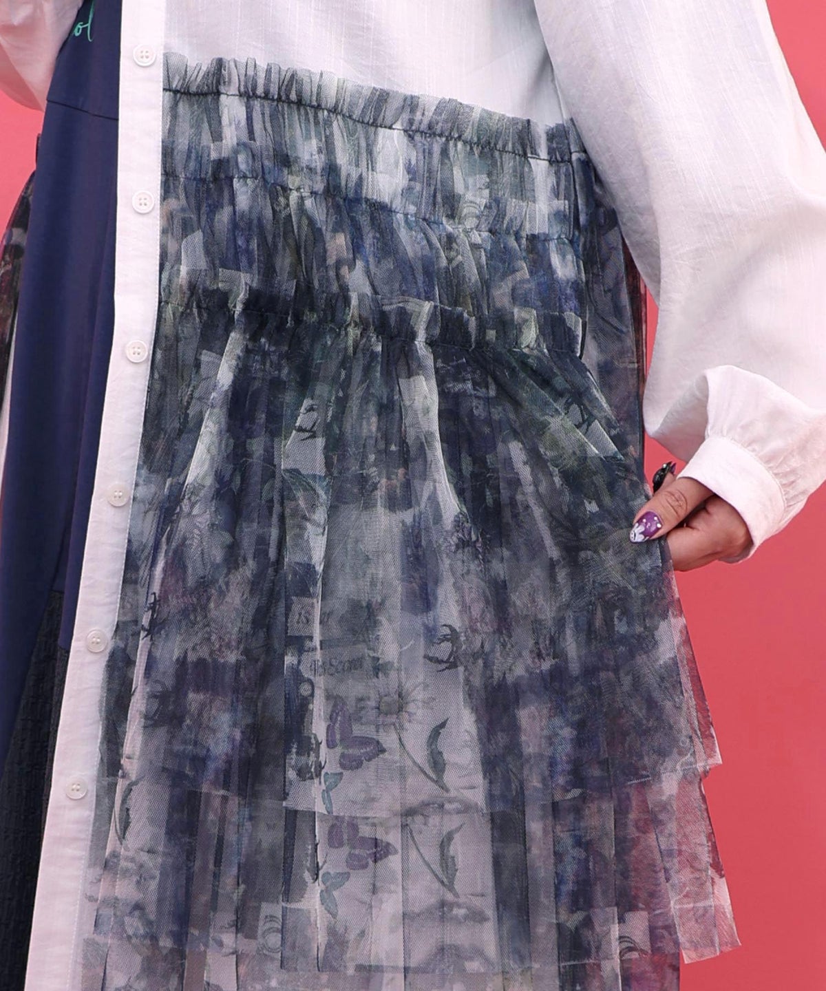 魔女の秘密柄チュール重ね異素材切替シャツワンピース-12