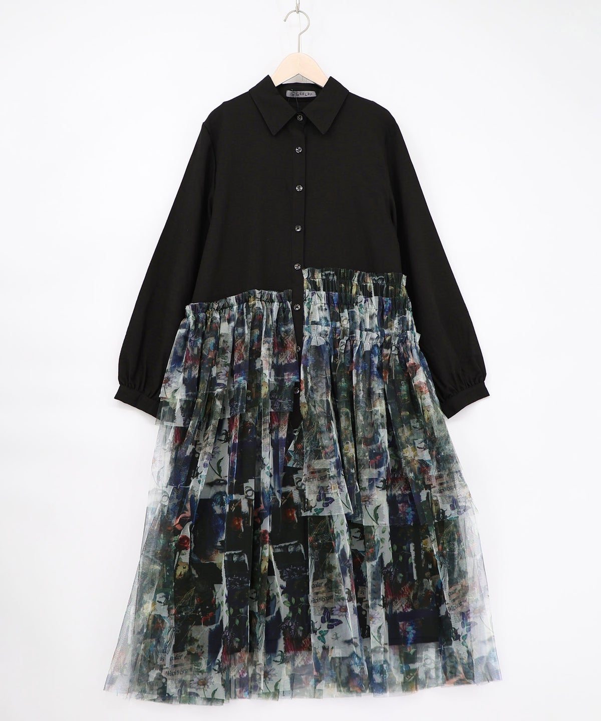 魔女の秘密柄チュール重ね異素材切替シャツワンピース-15