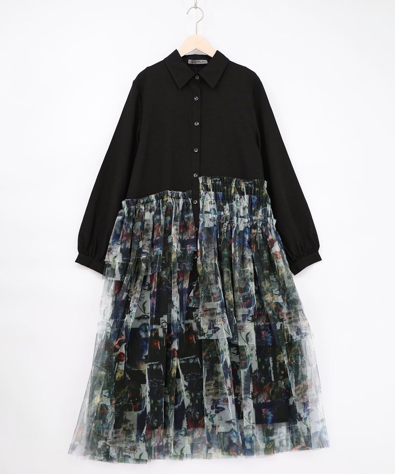 魔女の秘密柄チュール重ね異素材切替シャツワンピース-15