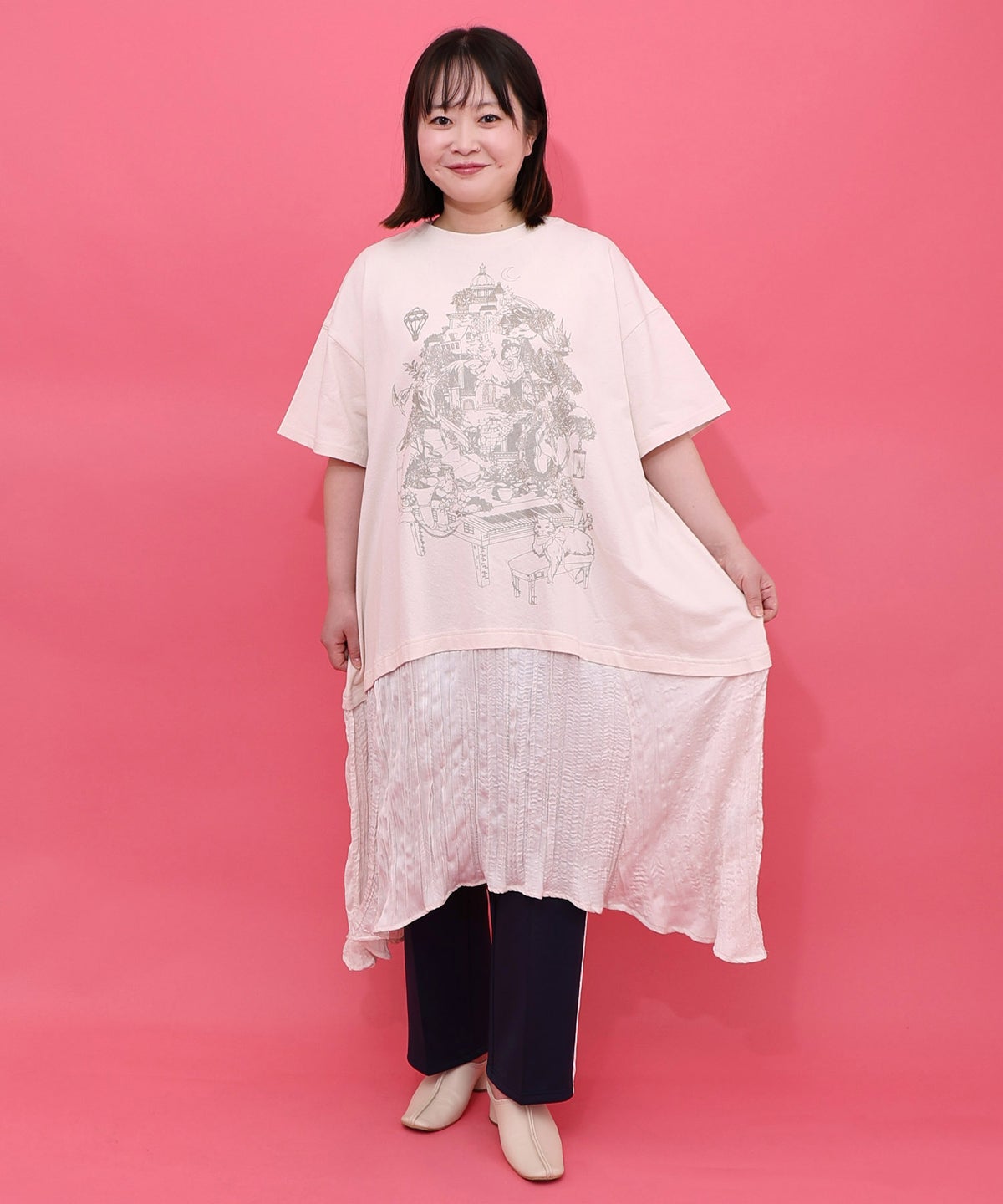 箔ラメ入りツリーハウス柄プリーツ切替ワンピース-1