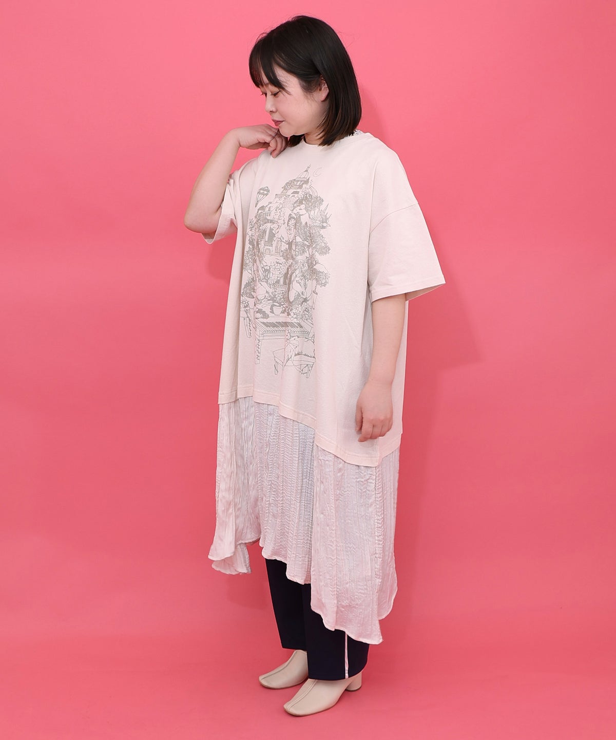 箔ラメ入りツリーハウス柄プリーツ切替ワンピース-3