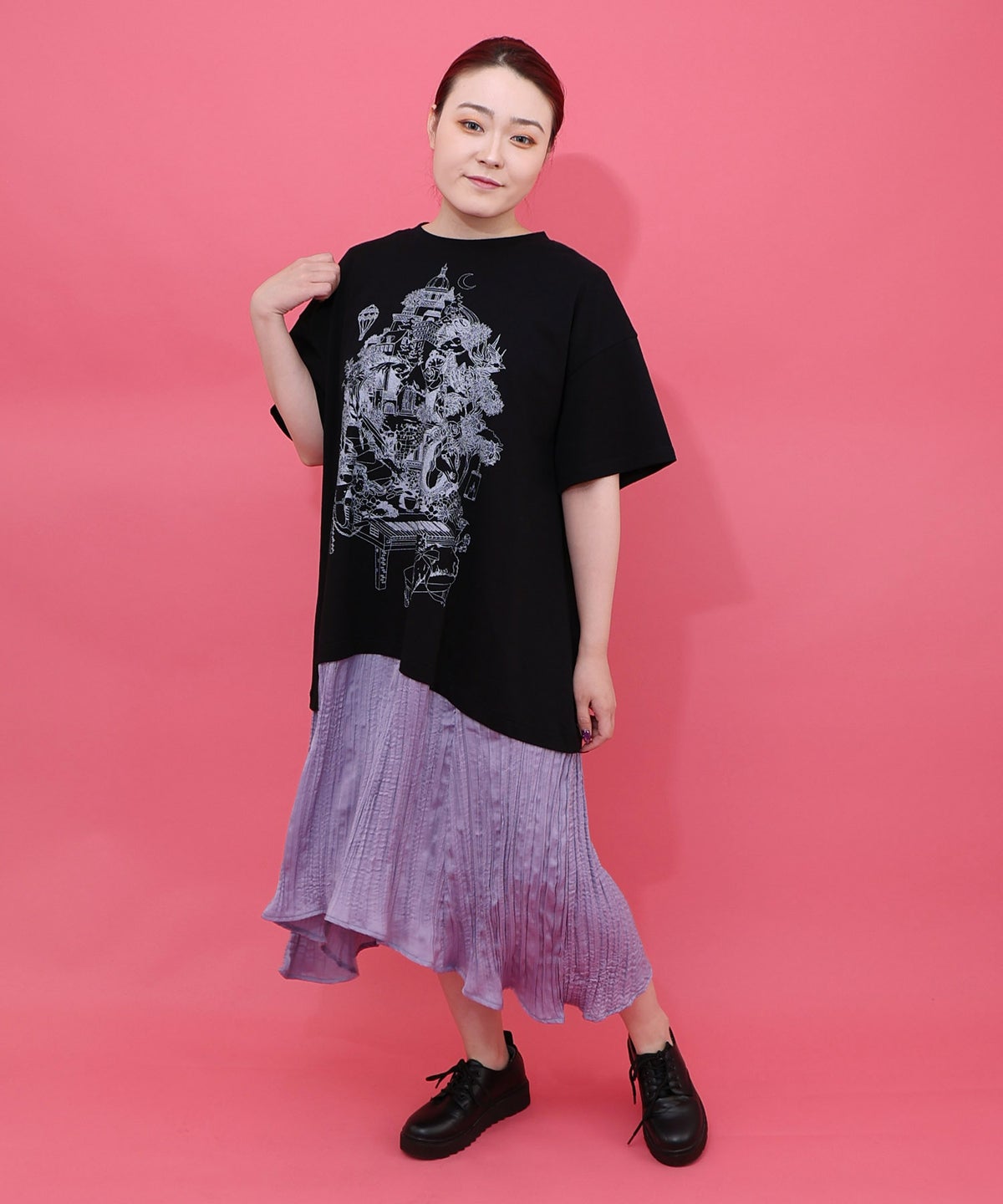 箔ラメ入りツリーハウス柄プリーツ切替ワンピース-8