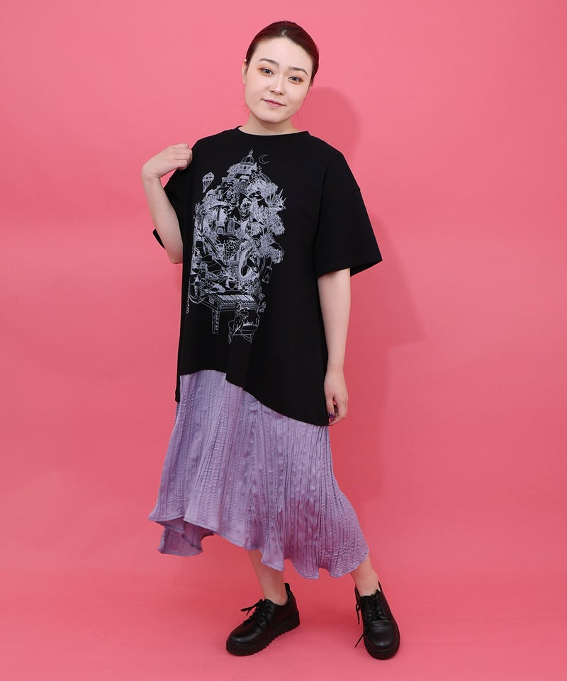 箔ラメ入りツリーハウス柄プリーツ切替ワンピース-8