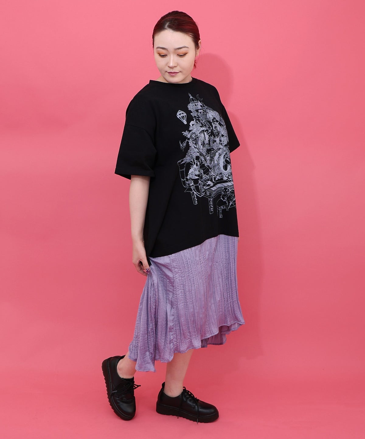 箔ラメ入りツリーハウス柄プリーツ切替ワンピース-9