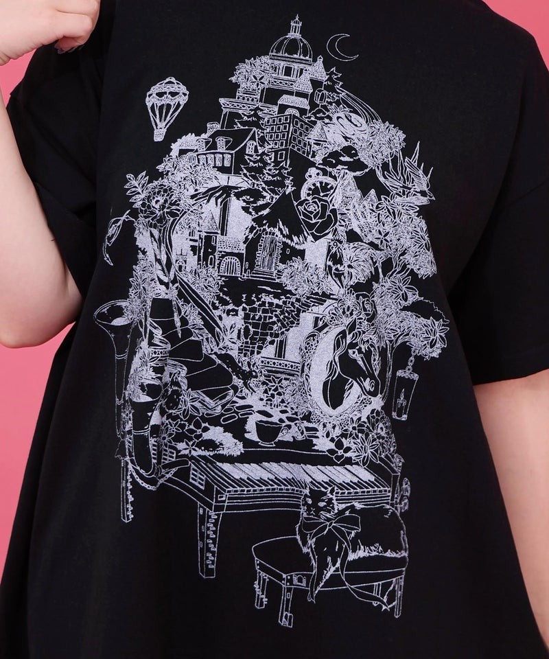 箔ラメ入りツリーハウス柄プリーツ切替ワンピース-11