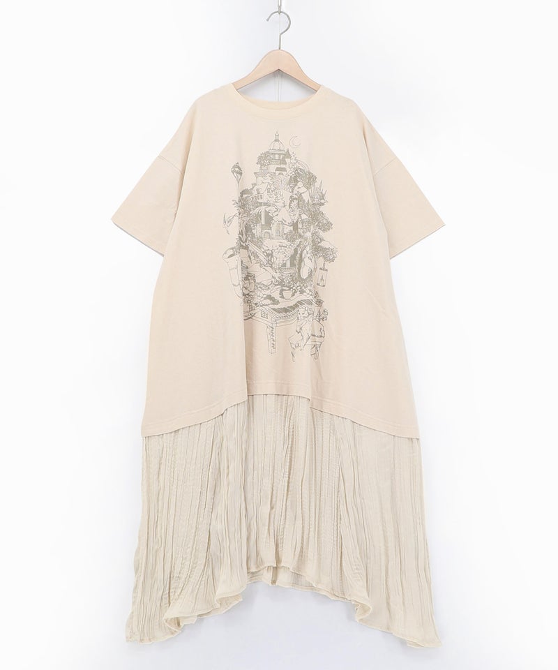 箔ラメ入りツリーハウス柄プリーツ切替ワンピース-14