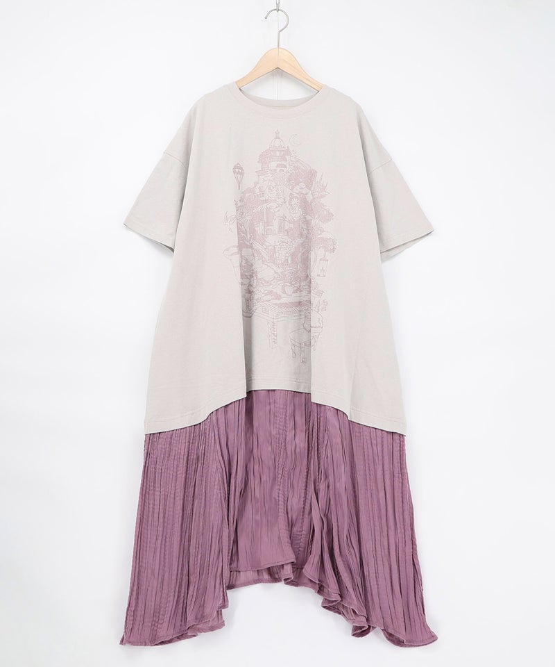 箔ラメ入りツリーハウス柄プリーツ切替ワンピース-17