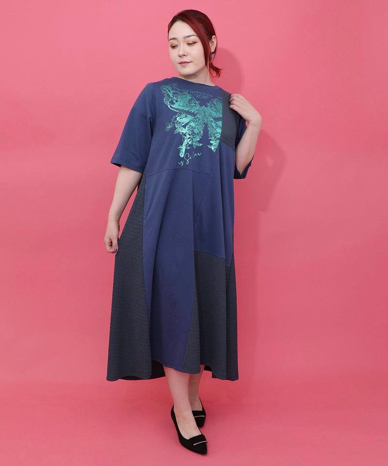 ラメ入りアンティーク柄アシメ異素材切替ワンピース-1