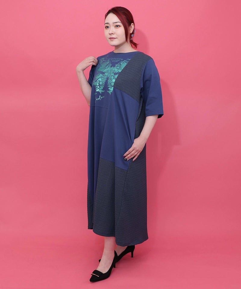 ラメ入りアンティーク柄アシメ異素材切替ワンピース-2