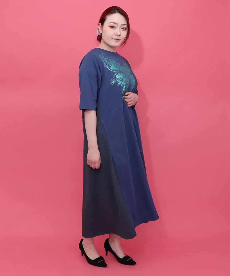 ラメ入りアンティーク柄アシメ異素材切替ワンピース-3