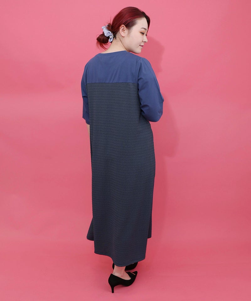 ラメ入りアンティーク柄アシメ異素材切替ワンピース-4