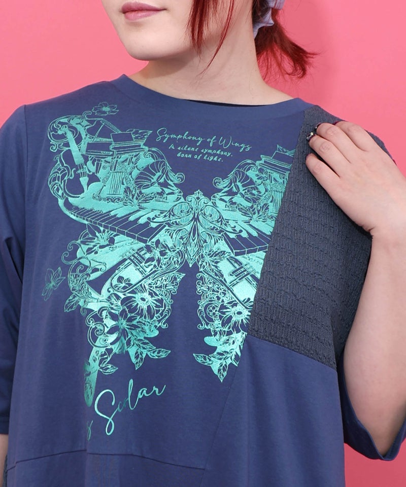 ラメ入りアンティーク柄アシメ異素材切替ワンピース-5