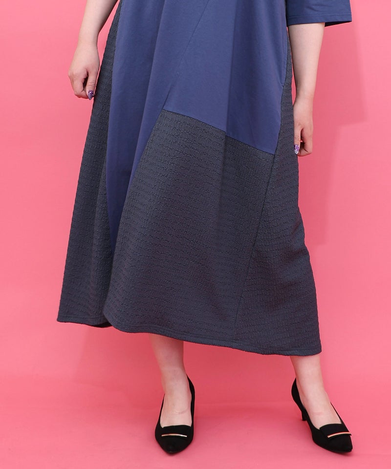 ラメ入りアンティーク柄アシメ異素材切替ワンピース-7