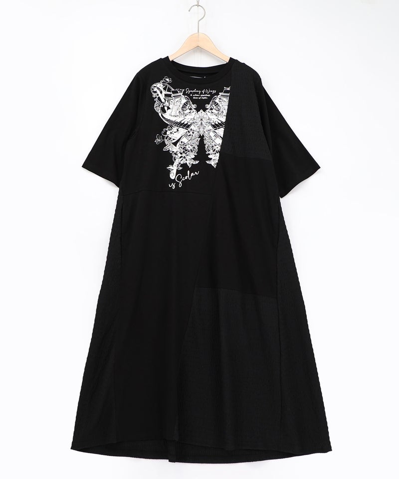 ラメ入りアンティーク柄アシメ異素材切替ワンピース-9