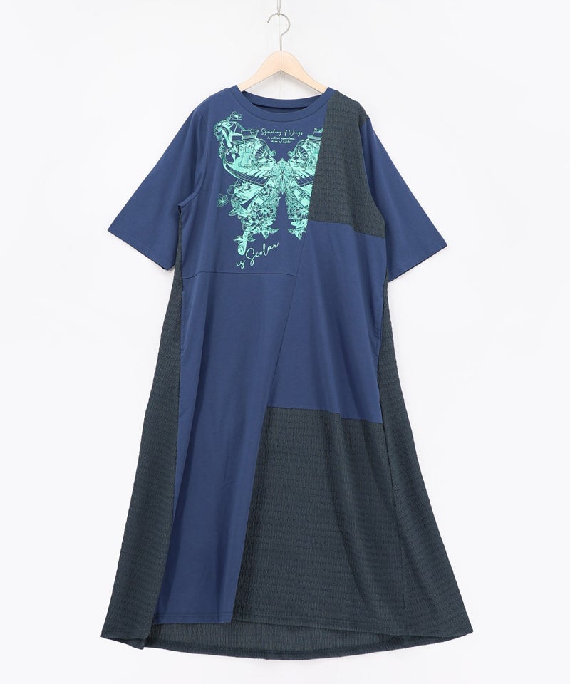 ラメ入りアンティーク柄アシメ異素材切替ワンピース-12