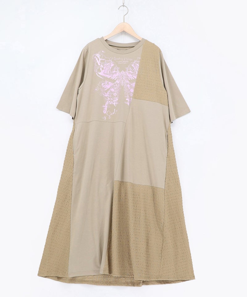 ラメ入りアンティーク柄アシメ異素材切替ワンピース-15