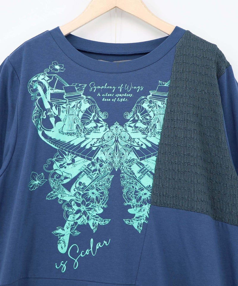 ラメ入りアンティーク柄アシメ異素材切替ワンピース-18