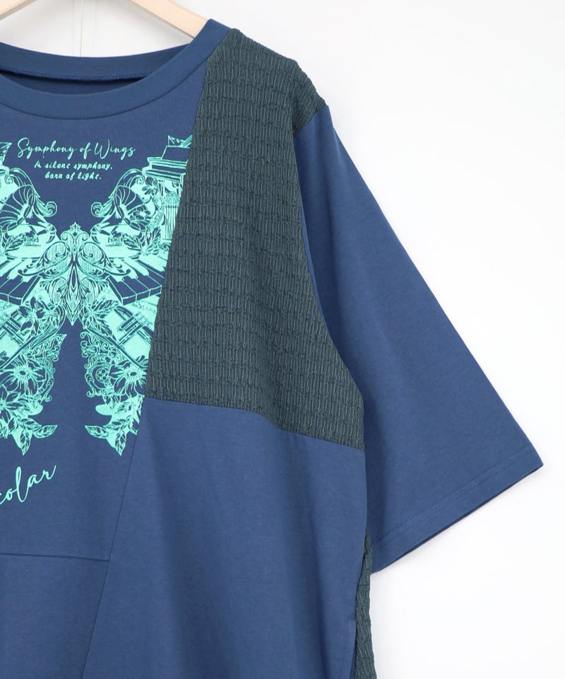 ラメ入りアンティーク柄アシメ異素材切替ワンピース-19