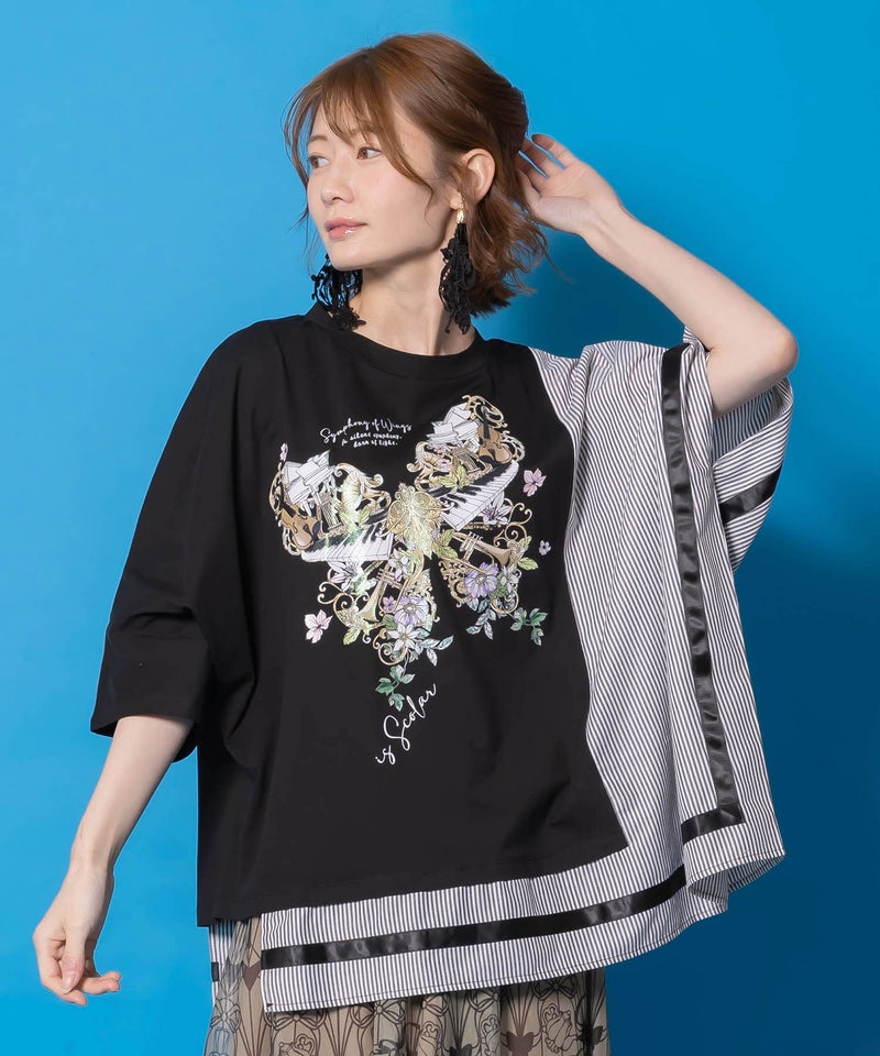 ラメ入りアンティーク柄アシメ異素材切替PO-1