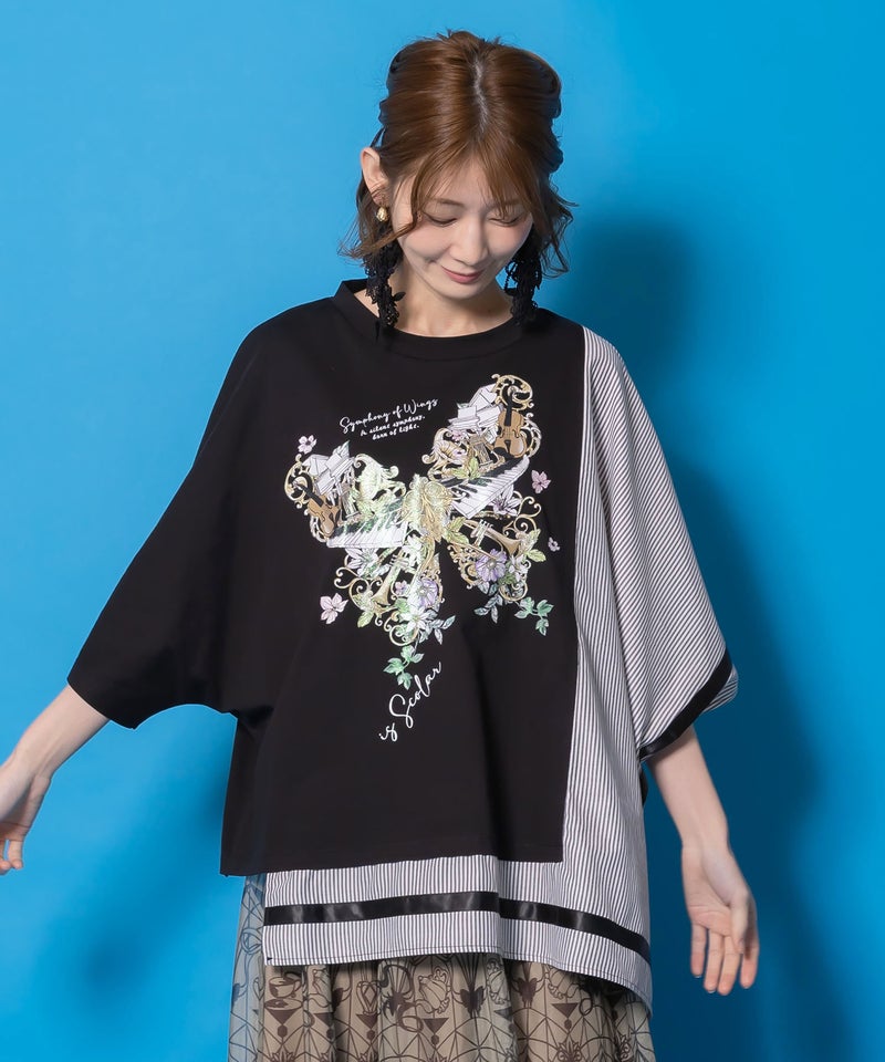 ラメ入りアンティーク柄アシメ異素材切替PO-3