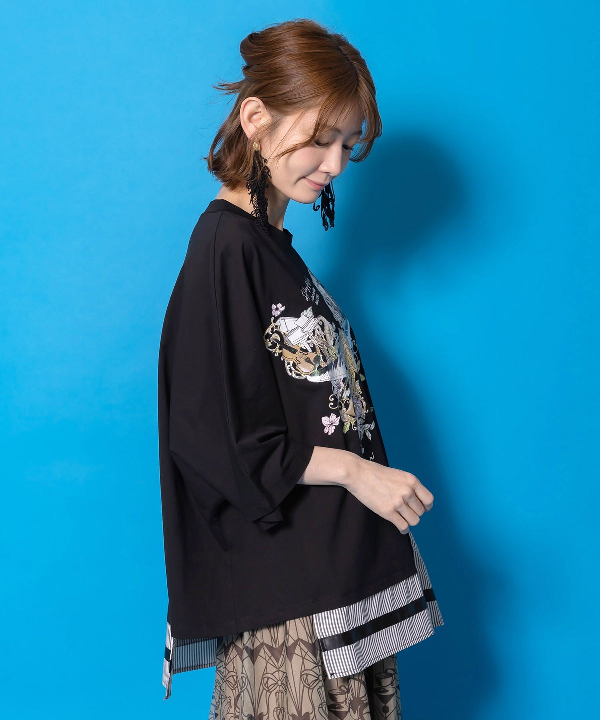 ラメ入りアンティーク柄アシメ異素材切替PO-6